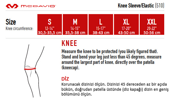 McDavid Knee 2 Way Elastic Sleeve - Diz Desteği Ölçüler